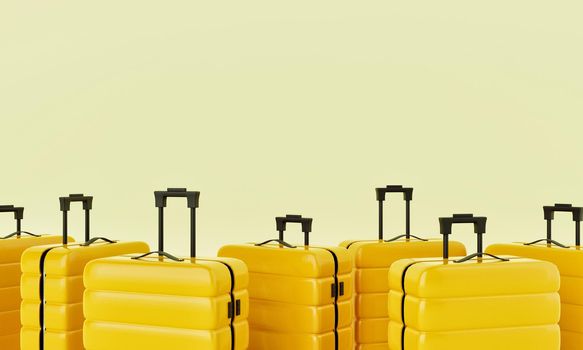 Group of yellow trolley suitcases on isolated background. Travel object and wanderlust concept. 3D illustration rendering