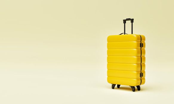 Yellow trolley suitcase on isolated background. Travel object and wanderlust concept. 3D illustration rendering