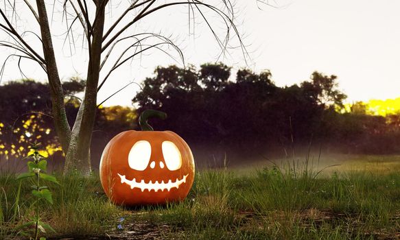 Halloween Jack O Lantern pumpkin under the dead tree in terrifying forest in autumn. Holiday season and seasonal ideas concept. 3D illustration rendering