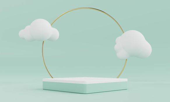 Minimal product podium stage in pastel green color and geometric shape and minimal cloud for presentation background. Abstract background and decoration template concept. 3D illustration rendering