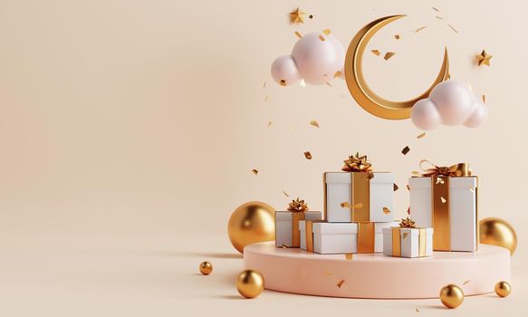 Minimal product podium with present gift boxes in Ramadan or Eid Mubarak Islamic traditional culture style on coral color background. Holiday and Arabian festival concept. 3D illustration rendering