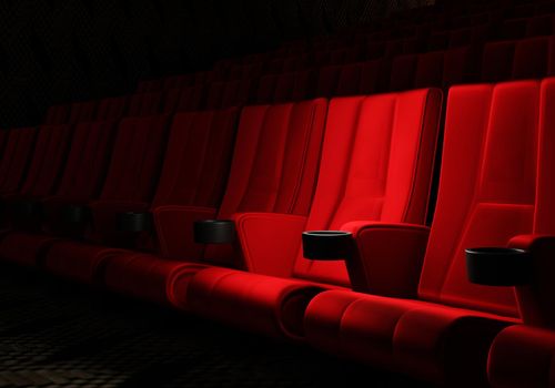 Rows of red velvet seats watching movies in the cinema with copy space banner background. Entertainment and Theater concept. 3D illustration rendering