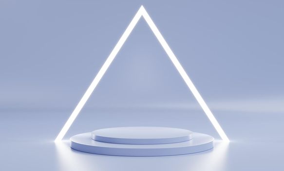 Minimal product podium stage with triangle ring light in pastel purple white color and geometric shape for presentation background. Abstract background and scene template. 3D illustration rendering