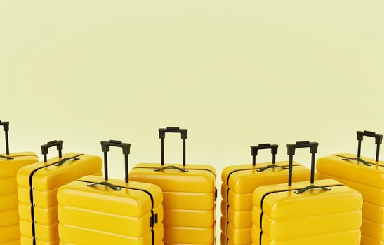 Group of yellow trolley suitcases on isolated background. Travel object and wanderlust concept. 3D illustration rendering