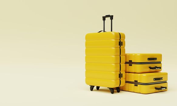 Yellow trolley suitcase on isolated background. Travel object and wanderlust concept. 3D illustration rendering