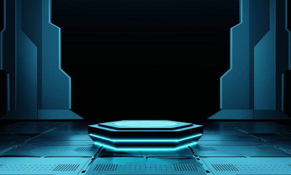 Cyberpunk blue empty hexagon podium in the dark spaceship with glowing light for product presentation. Technology and Sci-fi concept. 3D illustration rendering