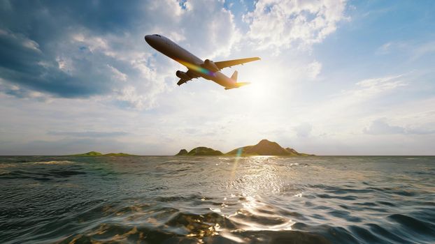 Airplane flying above the ocean sea with sunlight shining in blue sky background. Travel journey and Wanderlust transportation concept. 3D illustration rendering