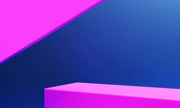 Abstract geometric podium stage in blue and pink color background. Wallpaper and minimalism concept. 3D illustration rendering