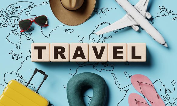 Travel wooden word block cubes with blue paper worldwide map and wanderlust equipment background. Fashion and popular concept. 3D illustration rendering