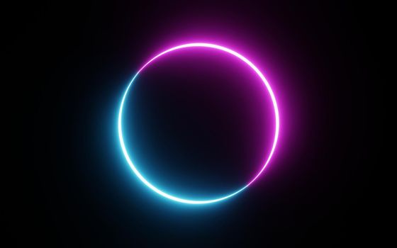 Round circle picture frame with two tone neon color shade motion graphic on isolated black background. Blue and pink light moving for overlay element. 3D illustration rendering. Empty space in middle