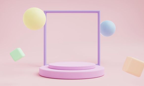 Abstract geometric shape in pastel colors with frame for product podium presentation background. Art and Color concept. 3D illustration rendering