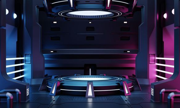 Cyberpunk sci-fi product podium showcase in empty spaceship room with blue and pink background. Cosmos space technology and entertainment object concept. 3D illustration rendering