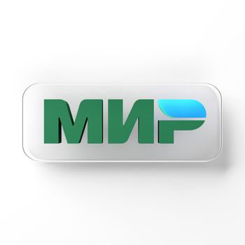 Chonburi, Thailand - JUN 25, 2022: Closeup MIR Pay system logo on isolated white background. Russian payment system for electronic fund transfers established by Central Bank of Russia. 3D rendering