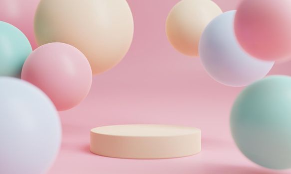 Minimal product podium stage with multicolor pastel color balloons in geometric shape for presentation background. Abstract background and decoration scene template. 3D illustration rendering