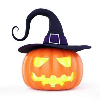 Halloween Jack O Lantern pumpkin with candlelight inside and witch hat on isolated white background. Object and holiday festival concept. 3D illustration rendering