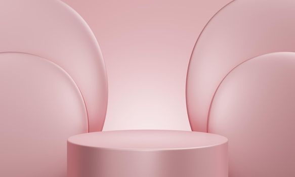 Minimal product podium stage with metallic pastel pink color and geometric shape for presentation background. Abstract background and decoration scene template. 3D illustration rendering