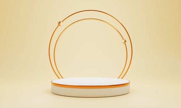 Minimal product podium stage with yellow pastel color and golden ring frame in geometric shape for presentation background. Abstract background and decoration scene template. 3D illustration rendering