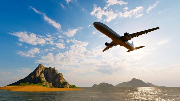 Airplane flying above the ocean sea with sunlight shining in blue sky background. Travel journey and Wanderlust transportation concept. 3D illustration rendering