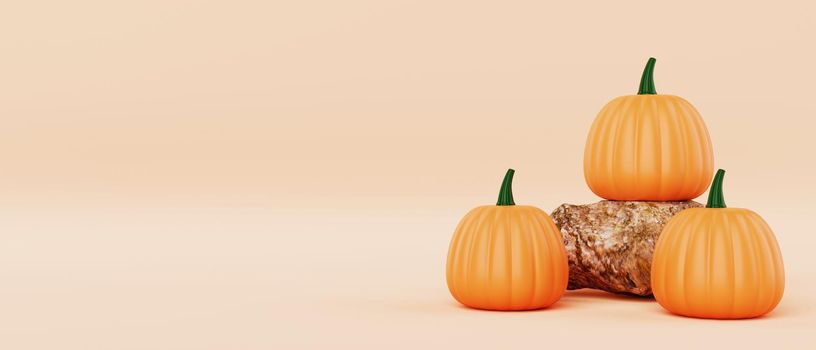 Pumpkins on the rock on orange background. Halloween and vegetable object concept. 3D illustration rendering