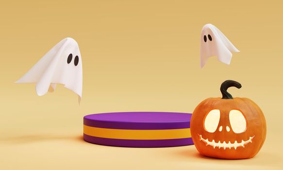 Halloween Jack O Lantern one stage podium for product presentation background. Holiday festival and seasonal concept. 3D illustration rendering