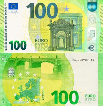 One hundred Euro bill. 100 euro banknote close-up. The euro is the official currency of 19 out of the 27 member states of the European Union