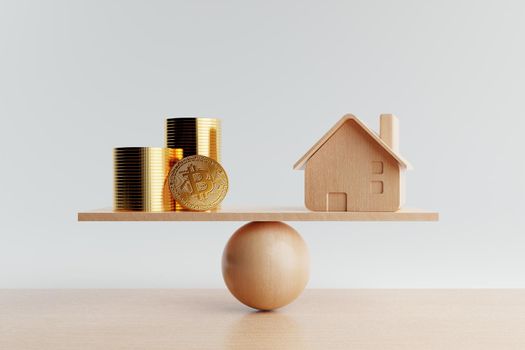 Wooden house and golden coin on balancing scale on white background. Real estate business mortgage investment and financial loan concept. Money-saving and cash flow theme. 3D illustration rendering