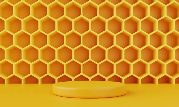 Yellow honeycomb background with minimal podium stage for advertisement. Object and abstract concept. 3D illustration rendering
