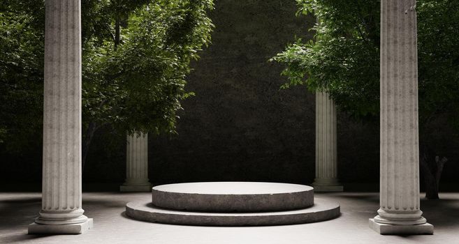 Round stone platform with Corinthian pillars and natural trees with shadow background. Historical and landmark object for advertising concept. 3D illustration rendering