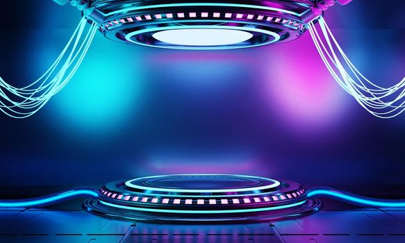 Inside spaceship laboratory with empty podium interior architecture with glowing blue and pink neon for cyberpunk product presentation. Technology and Sci-fi concept. 3D illustration rendering