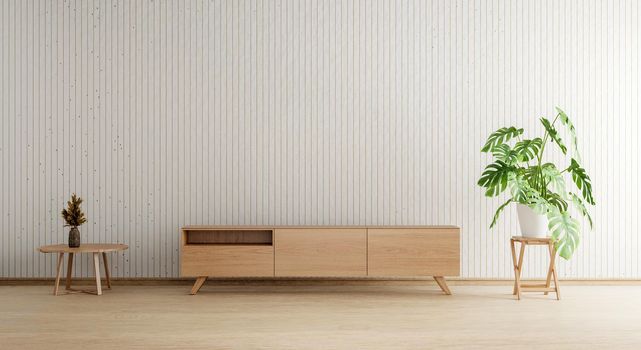 TV cabinet with empty wall wood plank plant pot and table background. Interior and architecture concept. 3D illustration rendering