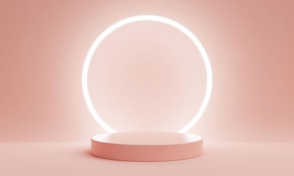 Minimal product podium stage with ring light pastel pink coral color and geometric shape for presentation background. Abstract background and decoration scene template. 3D illustration rendering