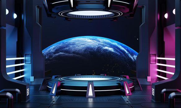 Sci-fi product podium showcase in empty spaceship room with blue earth background. Cyberpunk blue and pink color neon space technology and entertainment object concept. 3D illustration rendering