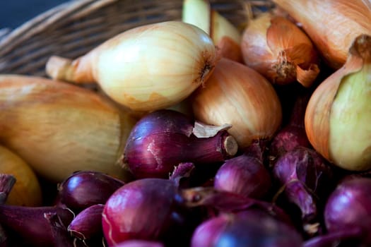 Red and yellow onions on a wicker basket