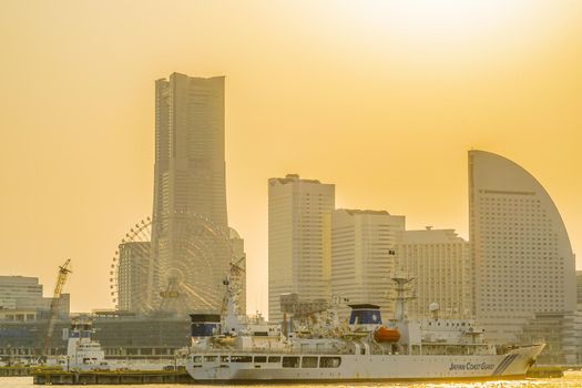 The city of Yokohama Minato Mirai seen from the sightseeing boat. Shooting Location: Yokohama-city kanagawa prefecture
