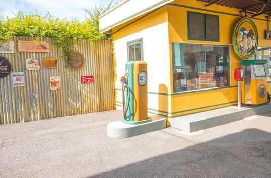 gas station pumps. Old Vintage technology Fuel Dispenser fossil fuel energy for car vehicle transportation.