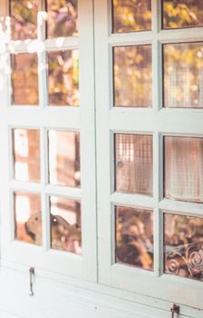 white Vintage simple clear glass window with white wooden frame element order architecture.