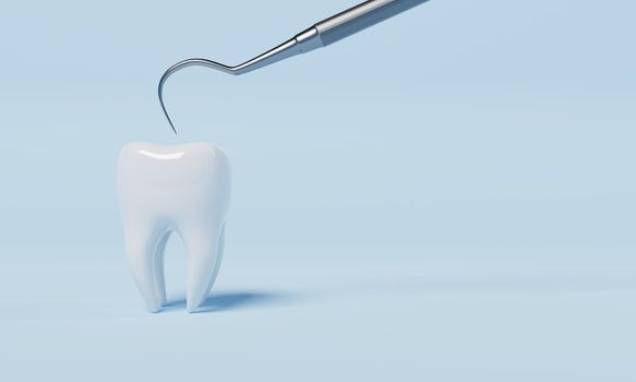 Tooth healthy check with dental inspection hook on blue background. Health care and medical concept. 3D illustration rendering