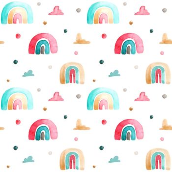 Watercolor seamless pattern on a children's theme. Pattern with rainbows and clouds. Shades of pink, yellow, blue. Possible use of the print on fabrics, children's clothing, wallpaper, stationery.