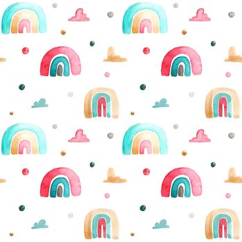 Watercolor seamless pattern on a children's theme. Pattern with rainbows and clouds. Shades of pink, yellow, blue. Possible use of the print on fabrics, children's clothing, wallpaper, stationery.