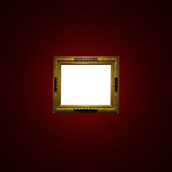 Antique art fair gallery frame on royal red wall at auction house or museum exhibition, blank template with empty white copyspace for mockup design, artwork concept