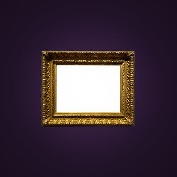 Antique art fair gallery frame on royal purple wall at auction house or museum exhibition, blank template with empty white copyspace for mockup design, artwork concept