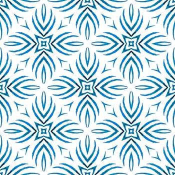 Textile ready ravishing print, swimwear fabric, wallpaper, wrapping. Blue extraordinary boho chic summer design. Oriental arabesque hand drawn border. Arabesque hand drawn design.