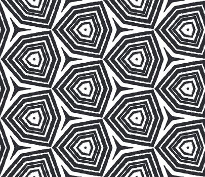 Striped hand drawn pattern. Black symmetrical kaleidoscope background. Repeating striped hand drawn tile. Textile ready great print, swimwear fabric, wallpaper, wrapping.