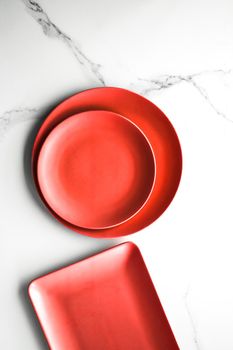 empty red plate on marble - recipe and restaurant mockup flatlay styled concept