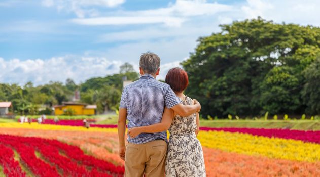 Happy asian retired couple relaxed in flower garden