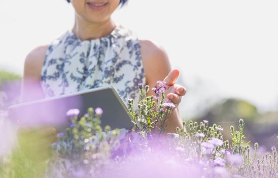 Middle aged asian woman using a tablet while checking the quality of flowers in garden.