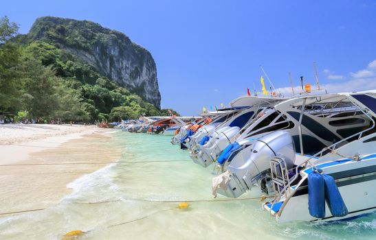 Speed boats and drivers waiting for tourists on the beach. Poda island ,Krabi ,Thailand.