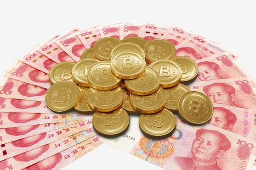 Bitcoin Digital Currency on Yuan banknote, 3d rendering