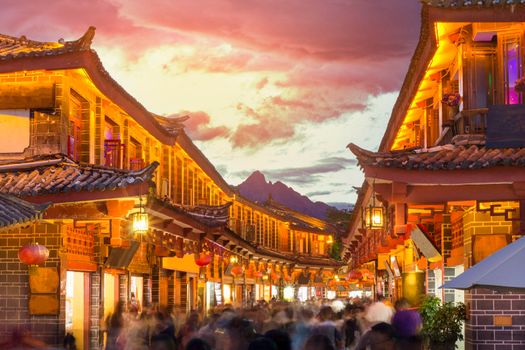 Lijiang old town in the evening with crowed tourist.