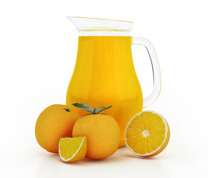 Orange juice jug and half cut oranges isolated on white background. 3D illustration.